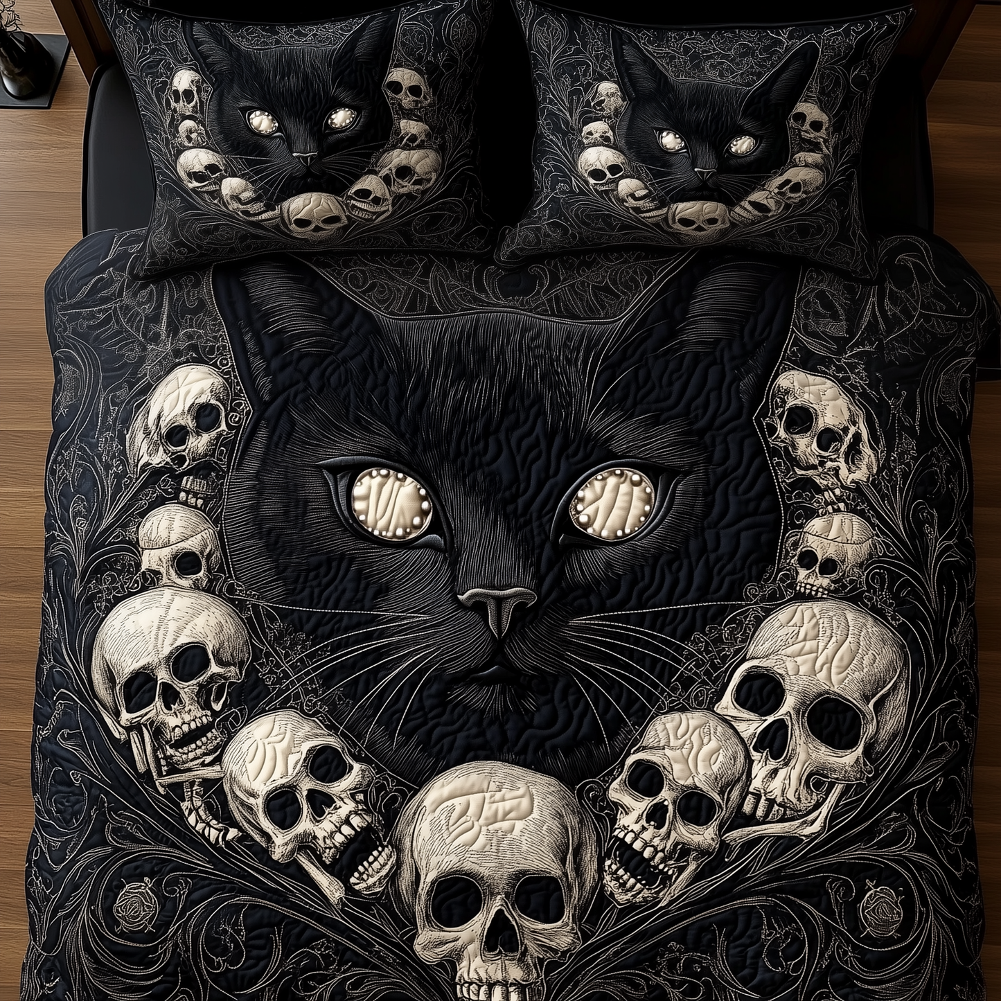 Skull And Black Cat 3-Piece Quilted Bedding Set GFTOAB1068