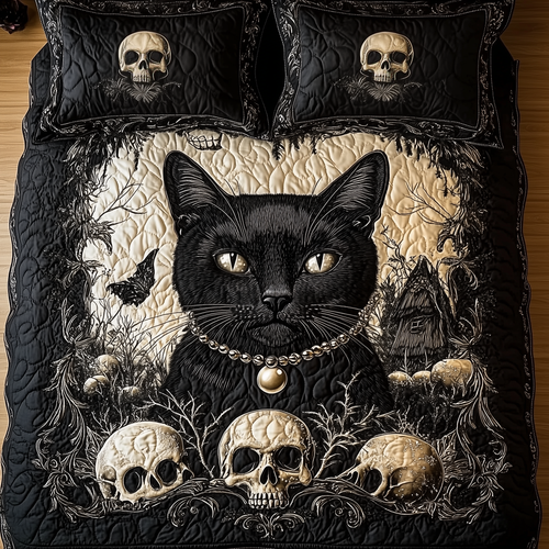 Skull And Black Cat 3-Piece Quilted Bedding Set GFTOAB1069