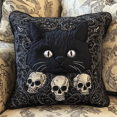 Skull And Black Cat Quilted Pillow Case GFTOAB1195