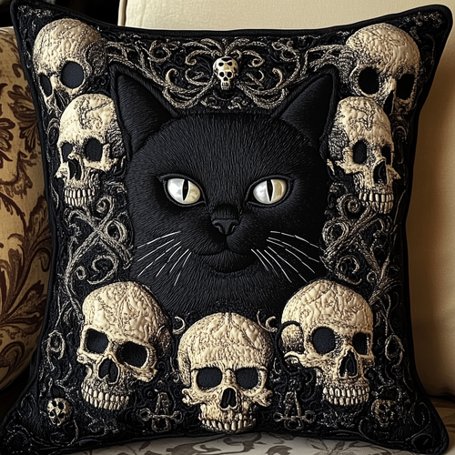 Skull And Black Cat Quilted Pillow Case GFTOAB1196