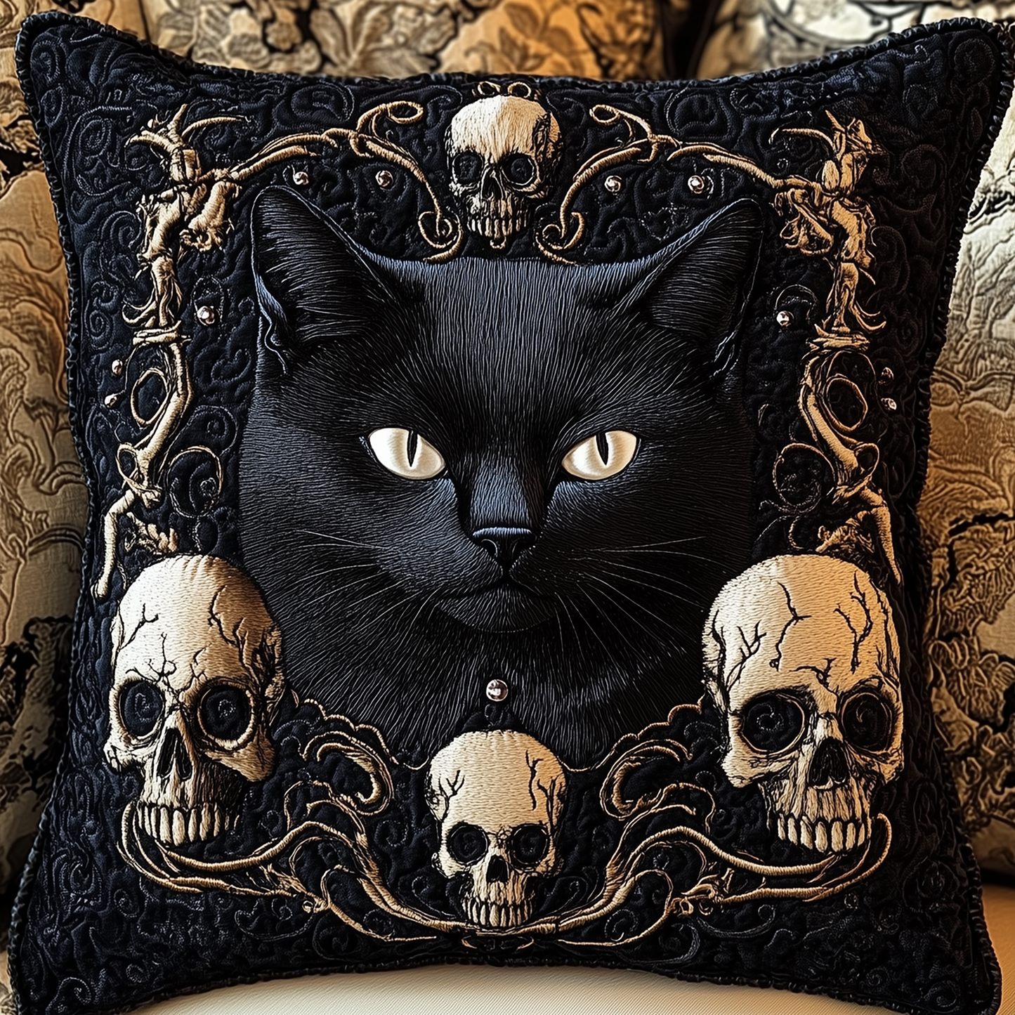 Skull And Black Cat Quilted Pillow Case GFTOAB1197