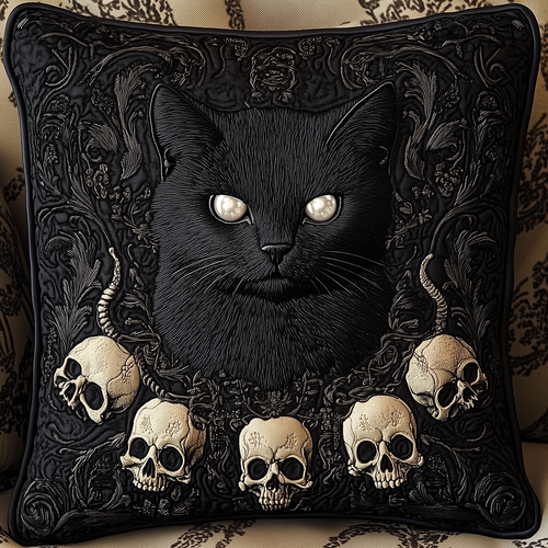 Skull And Black Cat Quilted Pillow Case GFTOAB1198