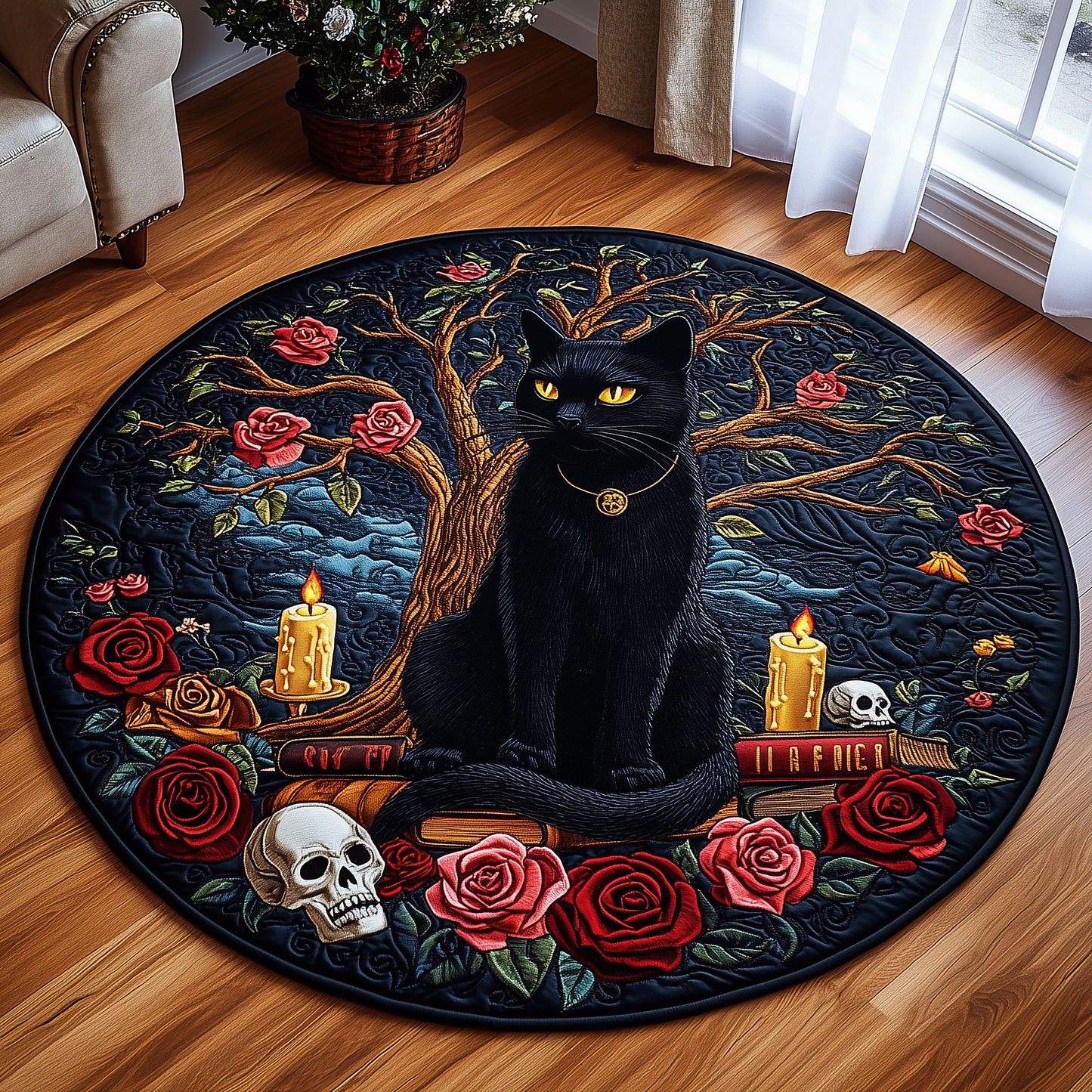 Mysterious Cat Quilted Round Mat GFTOAB2452