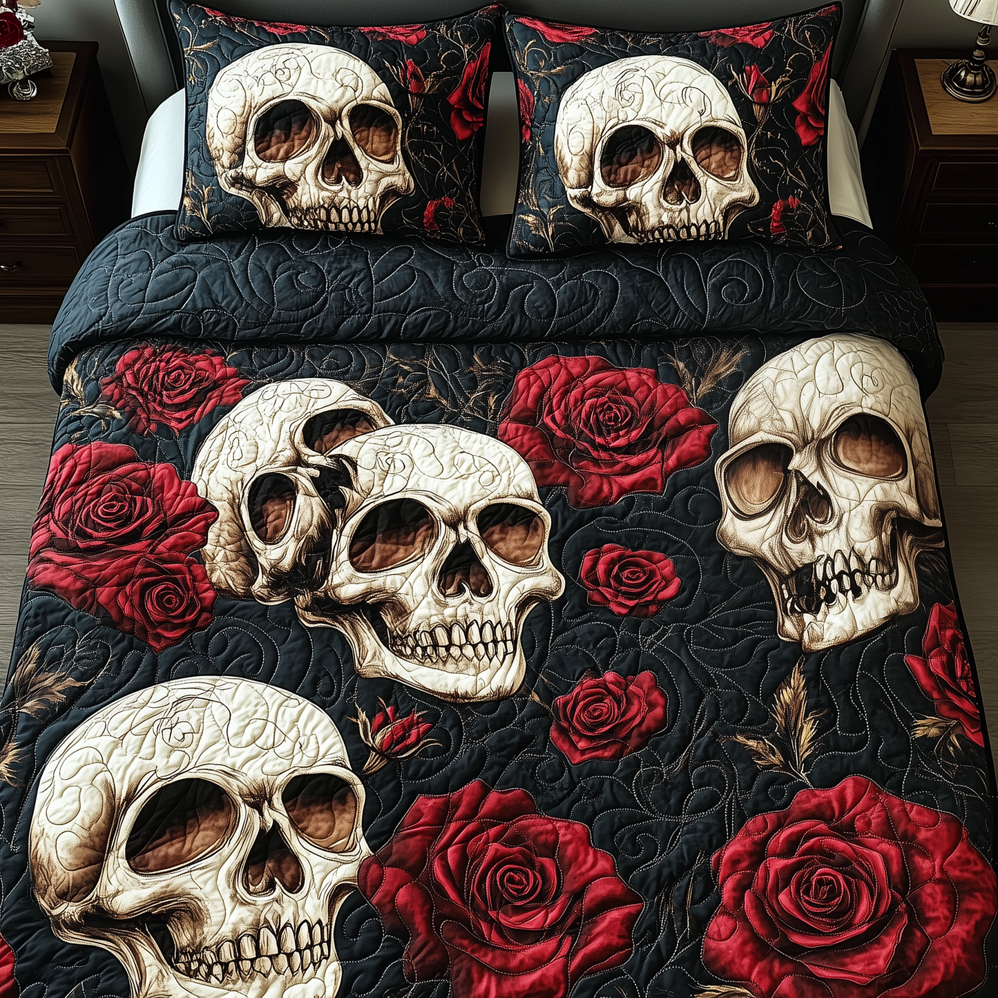 Rose Skulls 3-Piece Quilted Bedding Set GFTOAB779