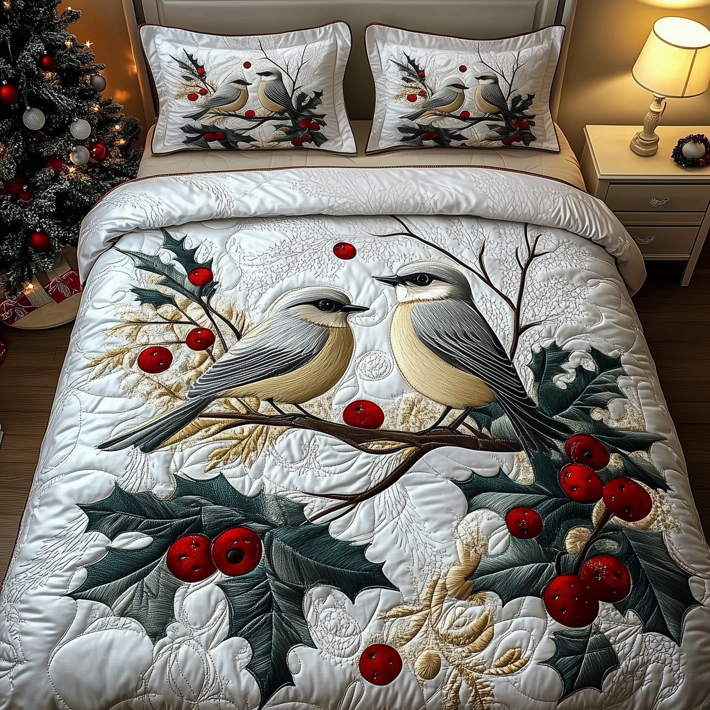 Elegant Snowy Cardinal 3-Piece Quilted Bedding Set GFTOHD1293