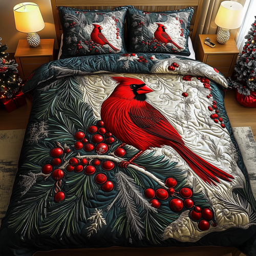 Elegant Snowy Cardinal 3-Piece Quilted Bedding Set GFTOHD1298