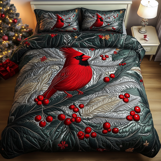 Elegant Snowy Cardinal 3-Piece Quilted Bedding Set GFTOHD1299