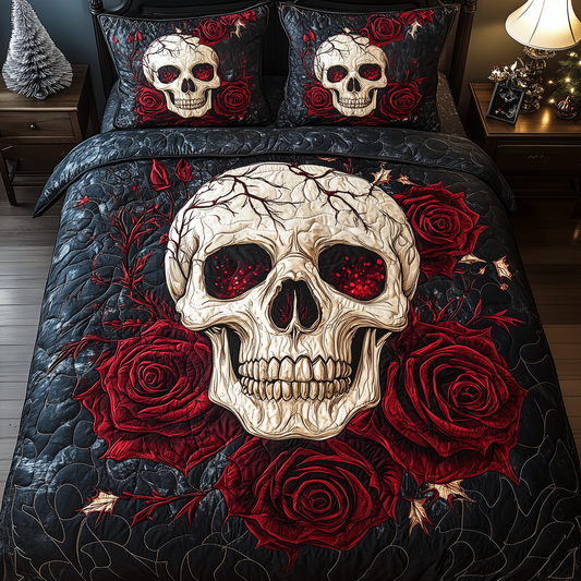 Skull in Blooming Roses 3-Piece Quilted Bedding Set GFTOHD1599