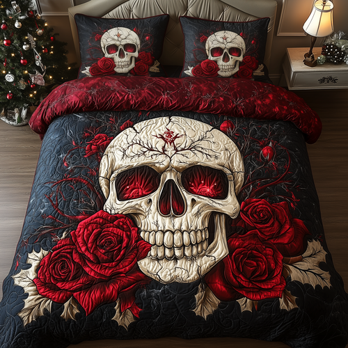 Skull in Blooming Roses 3-Piece Quilted Bedding Set GFTOHD1600