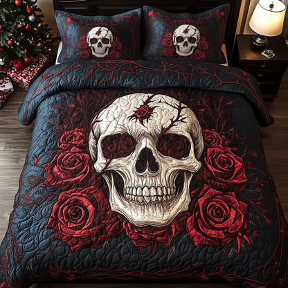 Skull in Blooming Roses 3-Piece Quilted Bedding Set GFTOHD1601