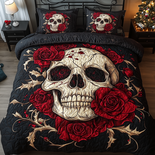 Skull in Blooming Roses 3-Piece Quilted Bedding Set GFTOHD1602