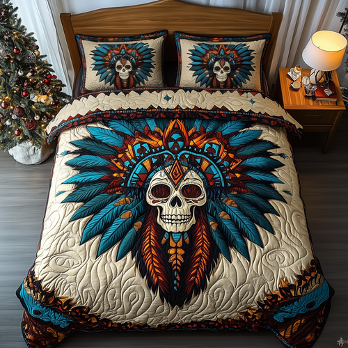 Native Warrior Skull 3-Piece Quilted Bedding Set GFTOHD1610