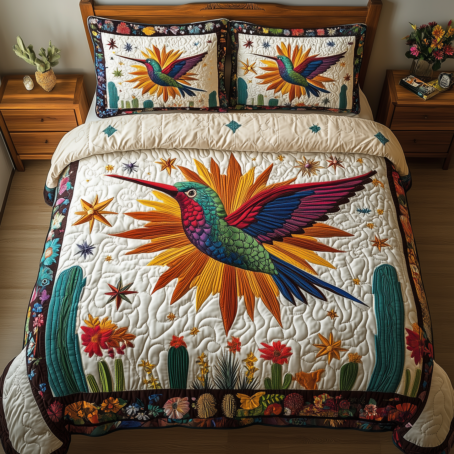 Hummingbird Cactus Flight 3-Piece Quilted Bedding Set GFTOHD2078