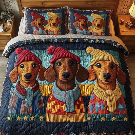 Festive Dachshund Friends 3-Piece Quilted Bedding Set GFTOHD2150