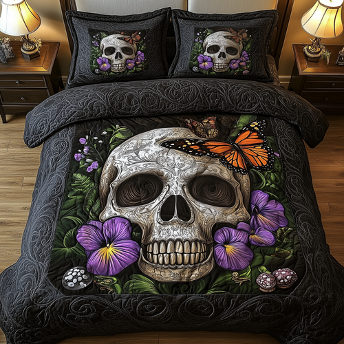 Skulls in Bloom 3-Piece Quilted Bedding Set GFTOHD857