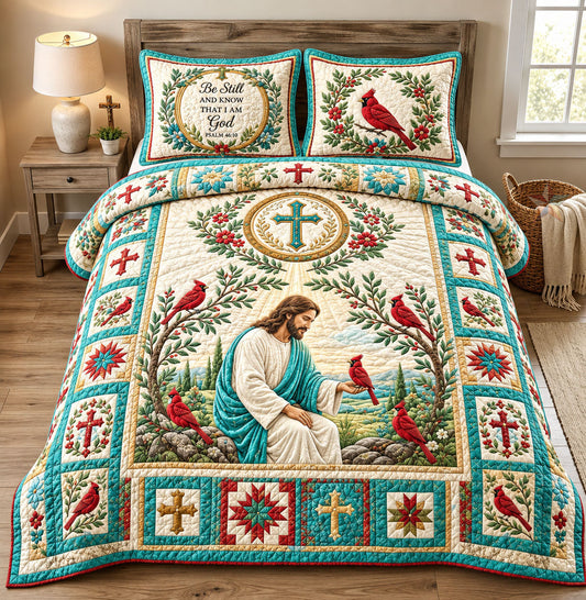 Jesus With Cardinals 3-Piece Quilted Bedding Set GFTOHNL2805