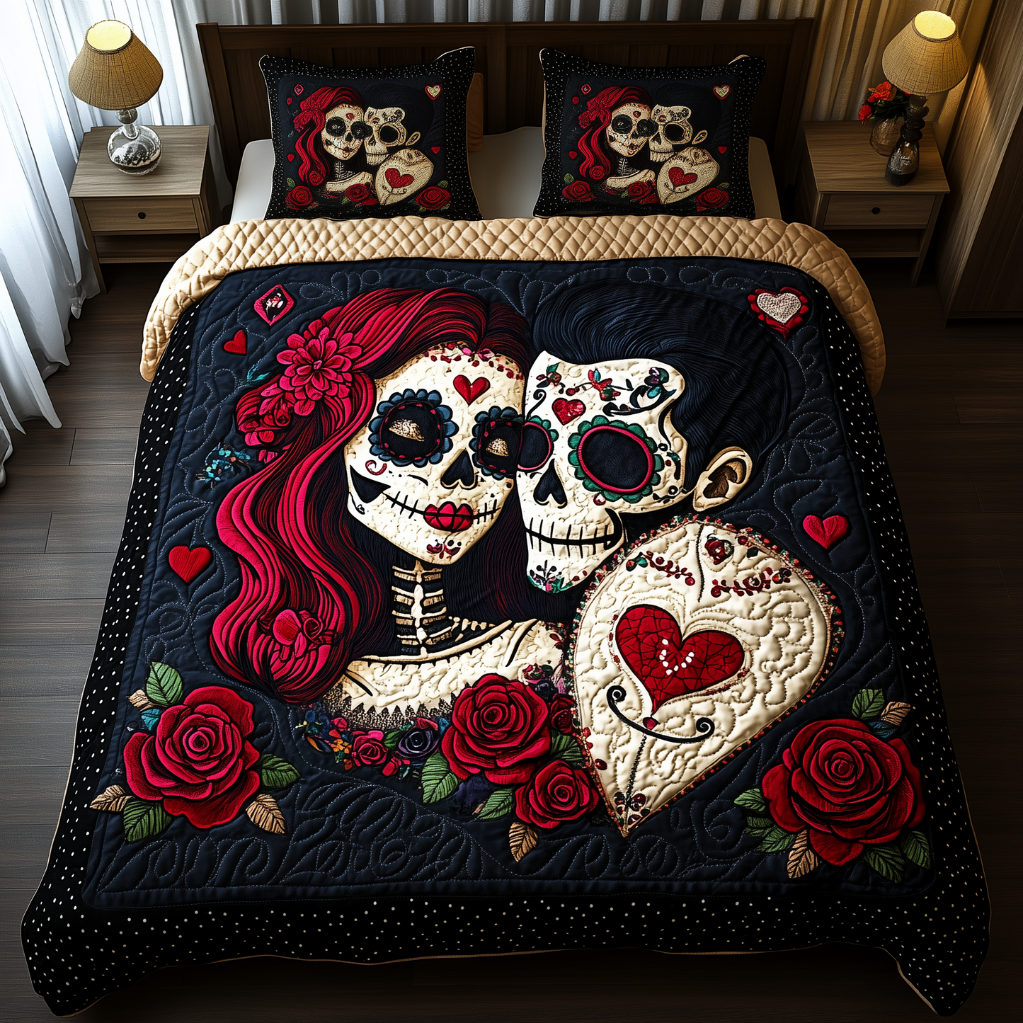 Sugar Skull Couple 3-Piece Quilted Bedding Set GFTONL1149