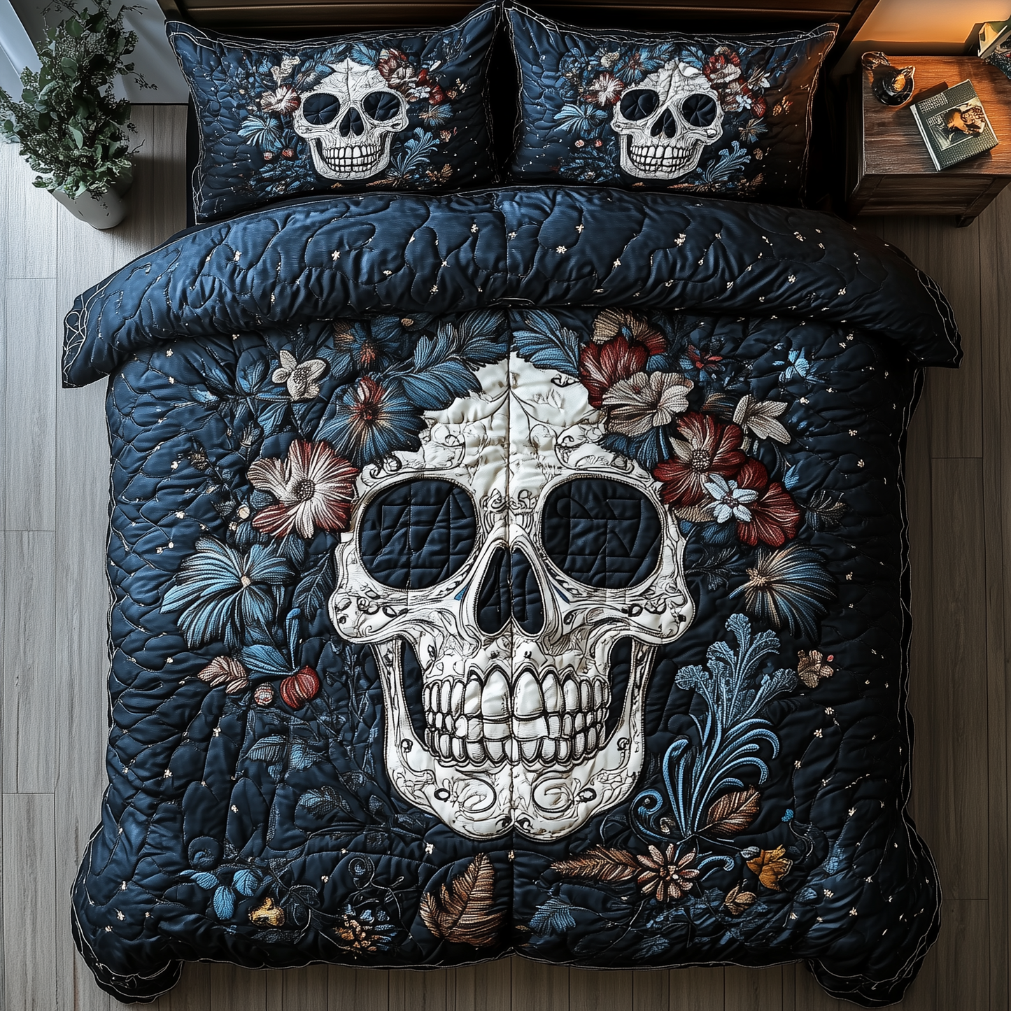 Cyan Vintage Skull 3-Piece Quilted Bedding Set GFTONL1349