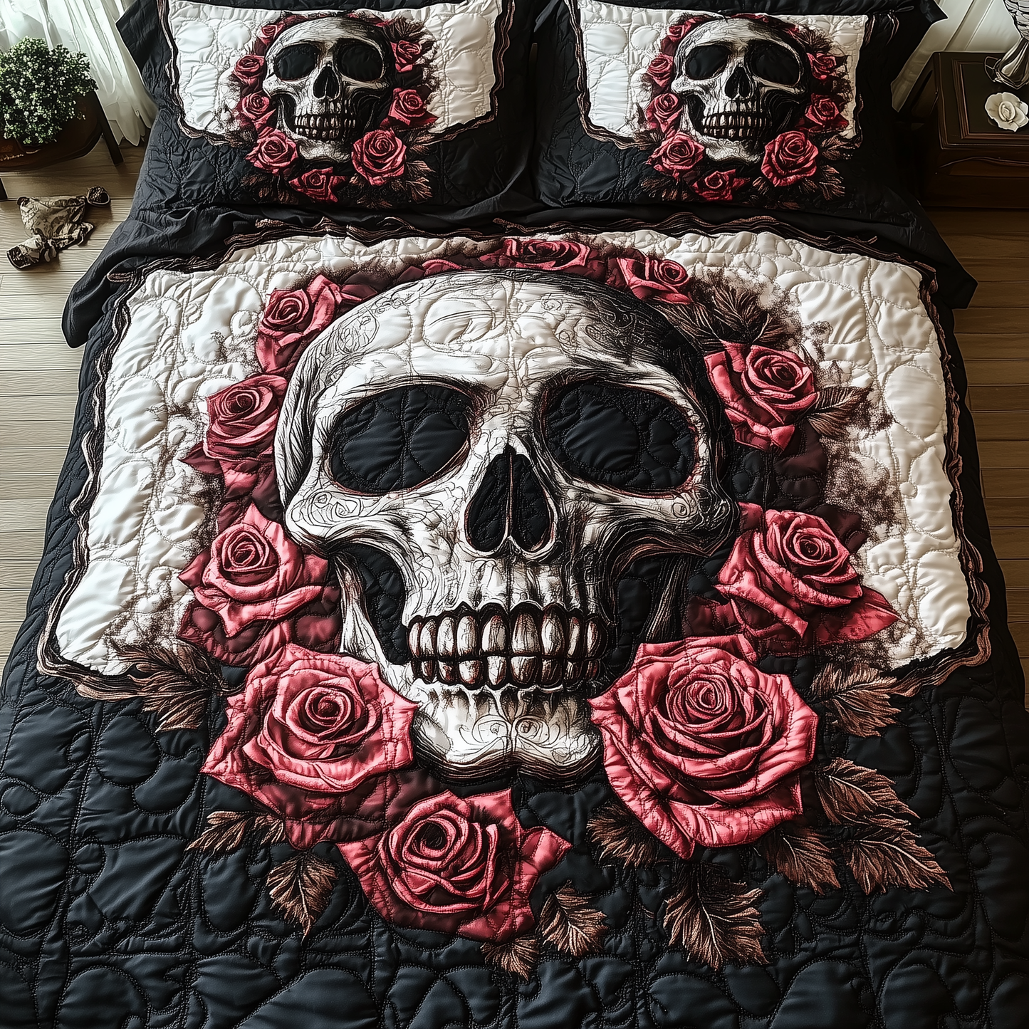 Vintage Black And Rose Skull 3-Piece Quilted Bedding Set GFTONL1355