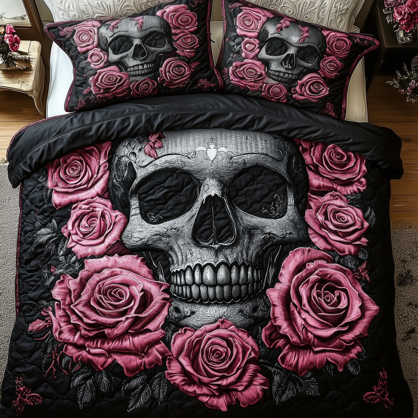 Vintage Black And Rose Skull 3-Piece Quilted Bedding Set GFTONL1356