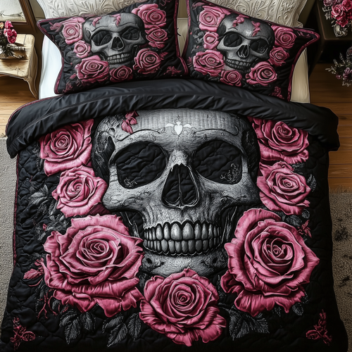 Vintage Black And Rose Skull 3-Piece Quilted Bedding Set GFTONL1356