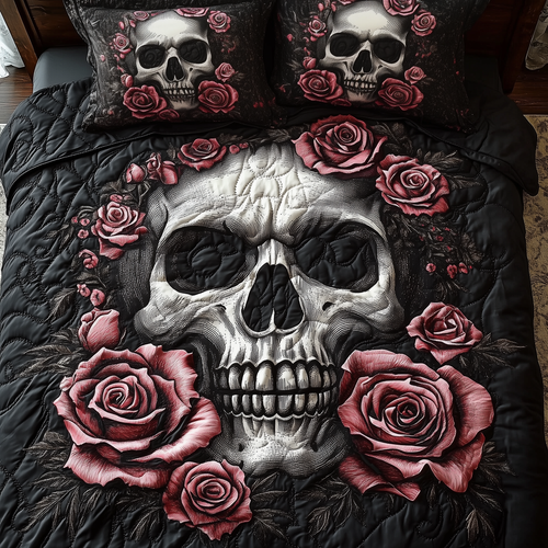 Vintage Black And Rose Skull 3-Piece Quilted Bedding Set GFTONL1359