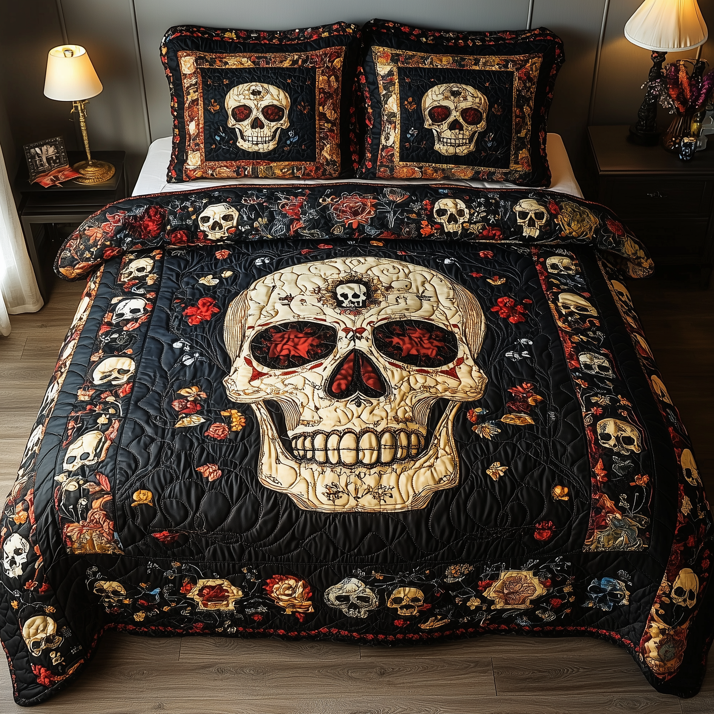 Vintage Bold Skull 3-Piece Quilted Bedding Set GFTONL1615