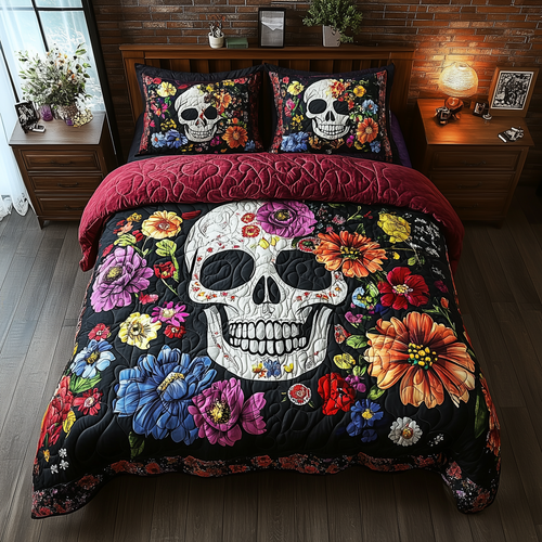 Floral Skull 3-Piece Quilted Bedding Set GFTONL1929