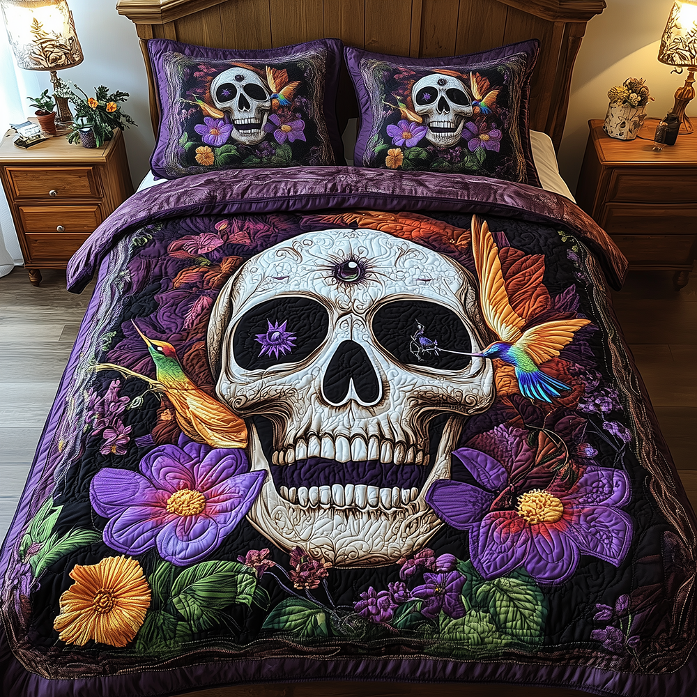 Hummingbird Skull 3-Piece Quilted Bedding Set GFTONL43