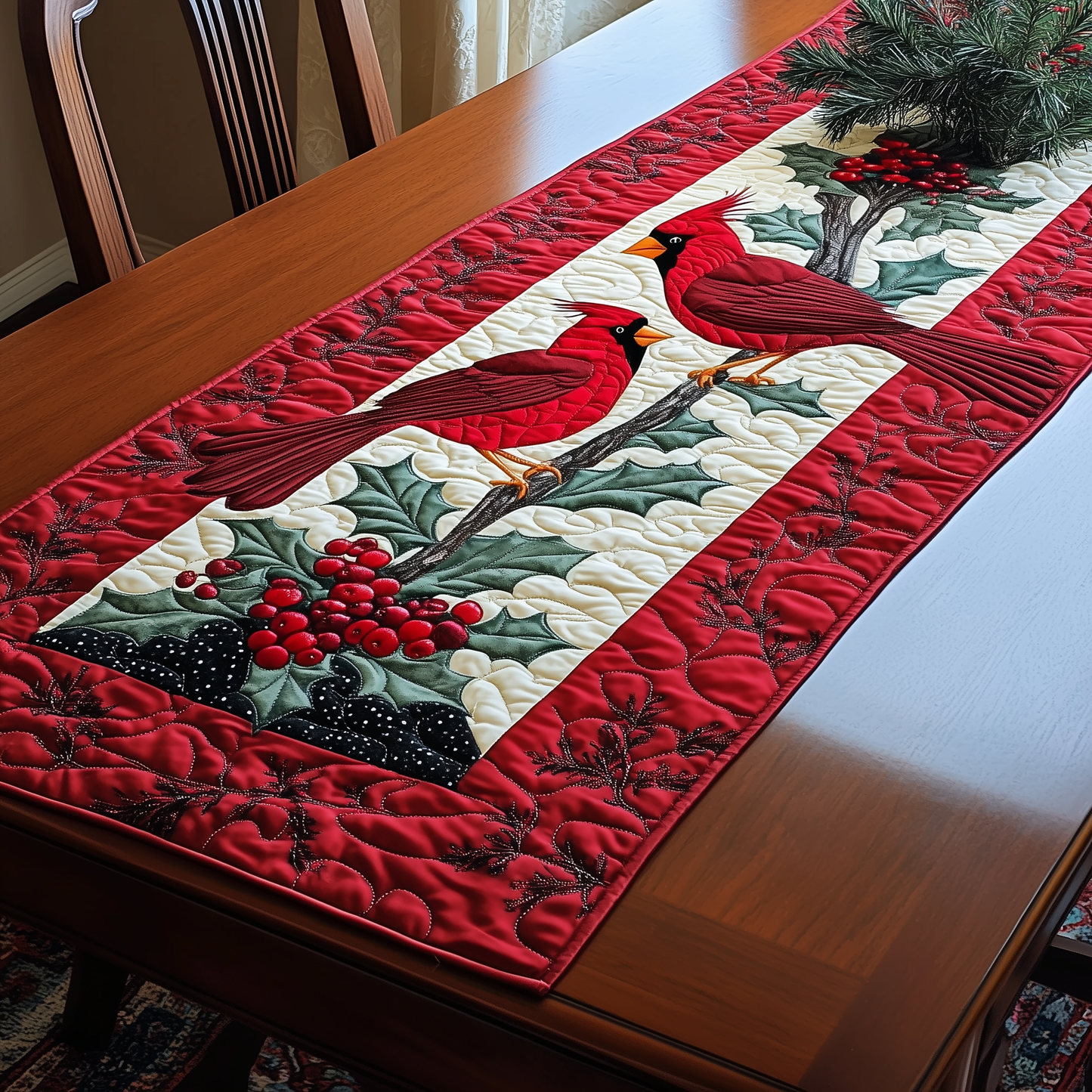 Holly Cardinal Quilted Table Runner GFTONL352