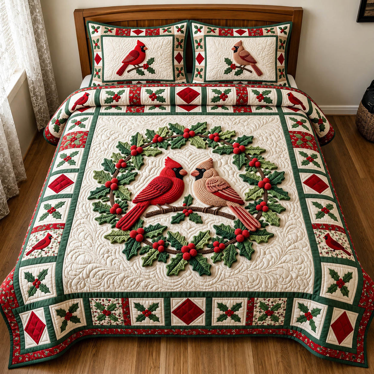 Red Cardinal 3-Piece Quilted Bedding Set GFTONMU2408