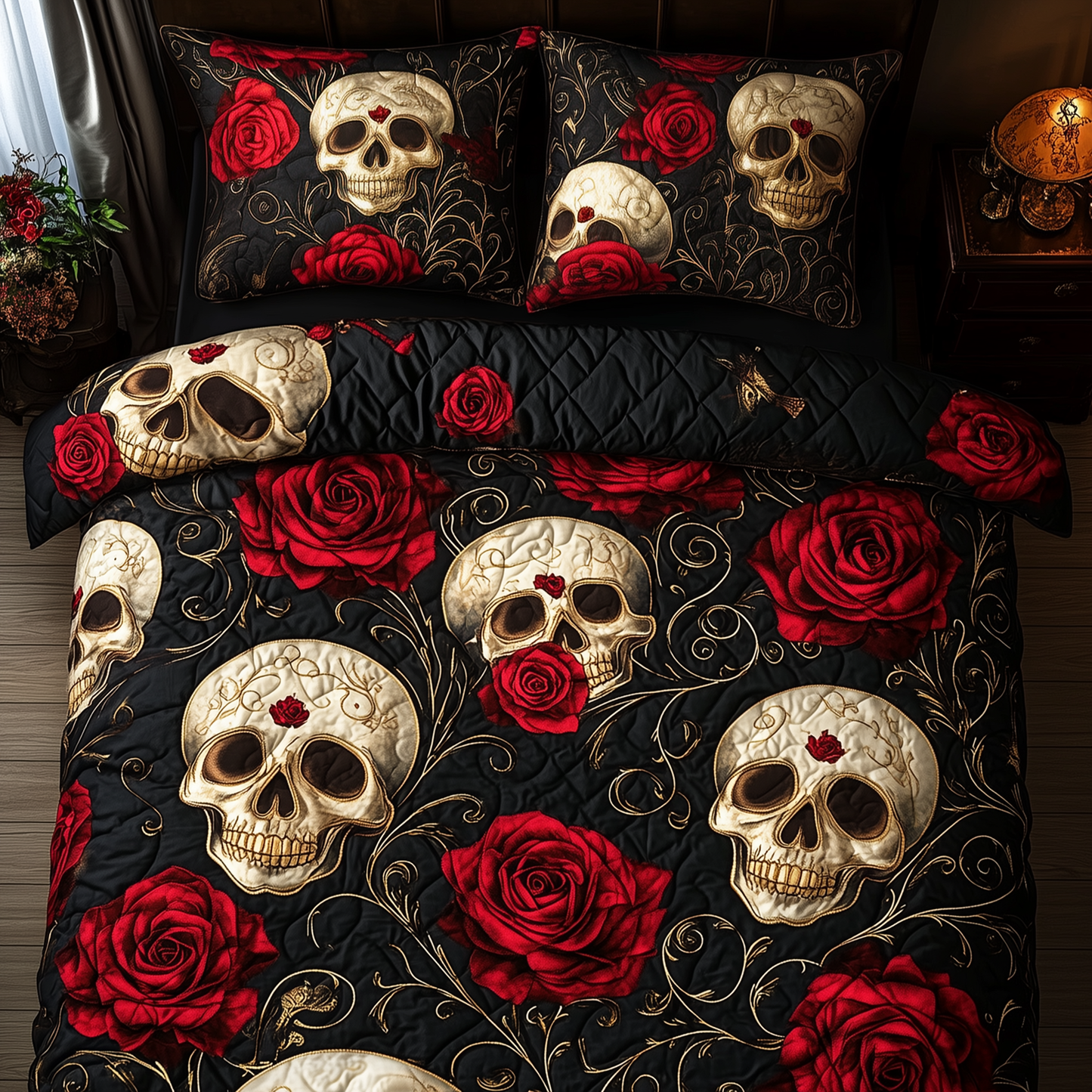 Rose Skull 3-Piece Quilted Bedding Set GFTOTL1242