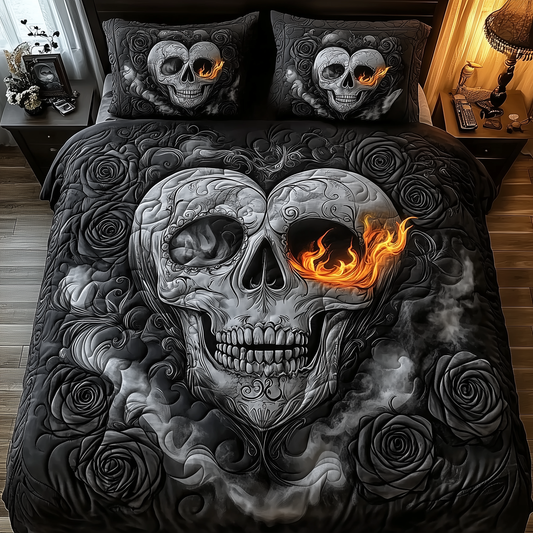 Black Skull Couple 3-Piece Quilted Bedding Set GFTOTL1376