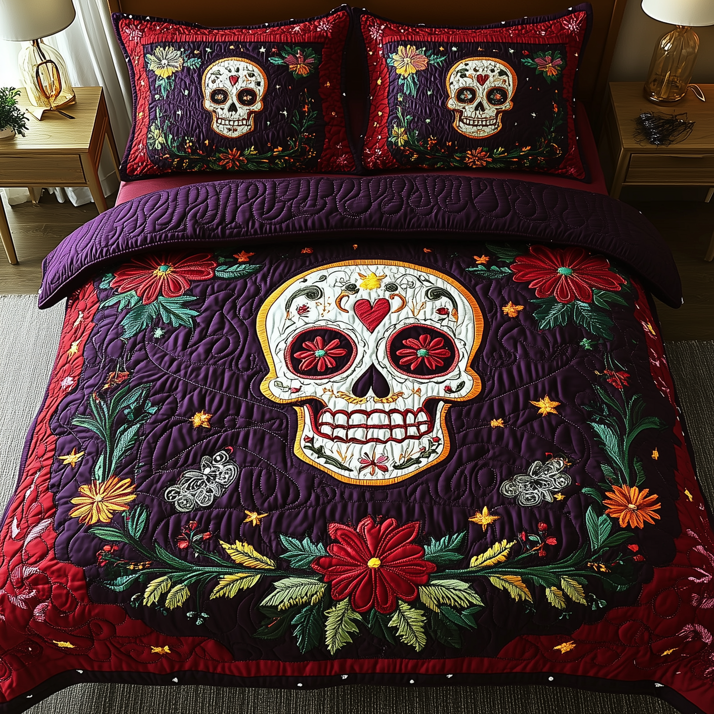 Purple Skull 3-Piece Quilted Bedding Set GFTOTL1579