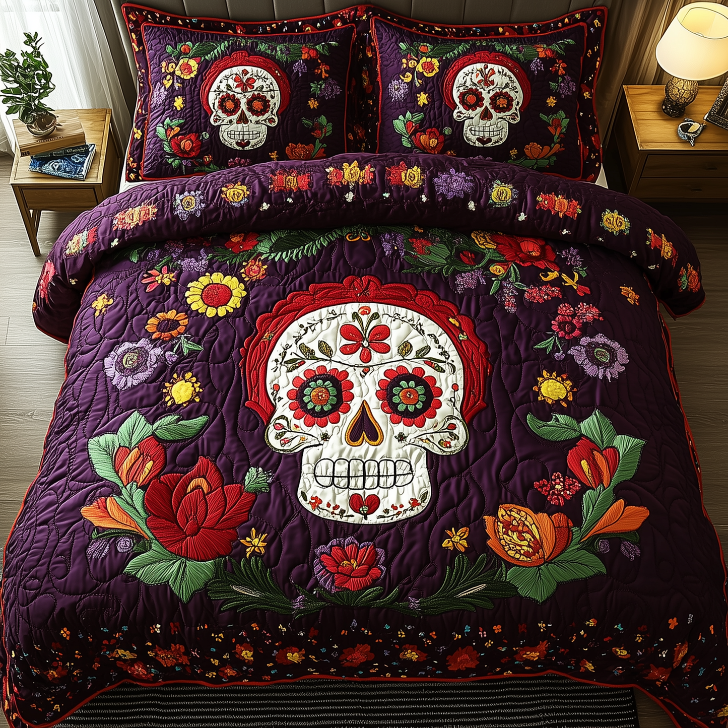 Purple Skull 3-Piece Quilted Bedding Set GFTOTL1582