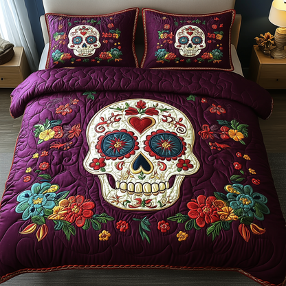 Purple Skull 3-Piece Quilted Bedding Set GFTOTL1583