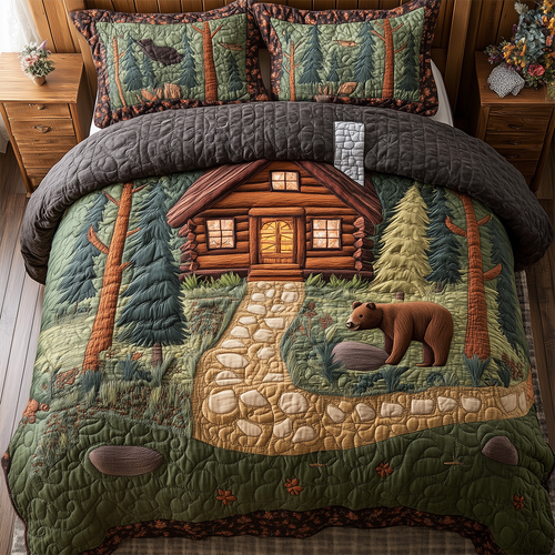 Bear and Cabin 3-Piece Quilted Bedding Set GFTOTL2387