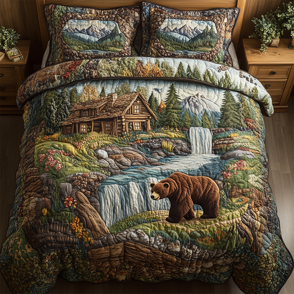 Bear and Cabin 3-Piece Quilted Bedding Set GFTOTL2388