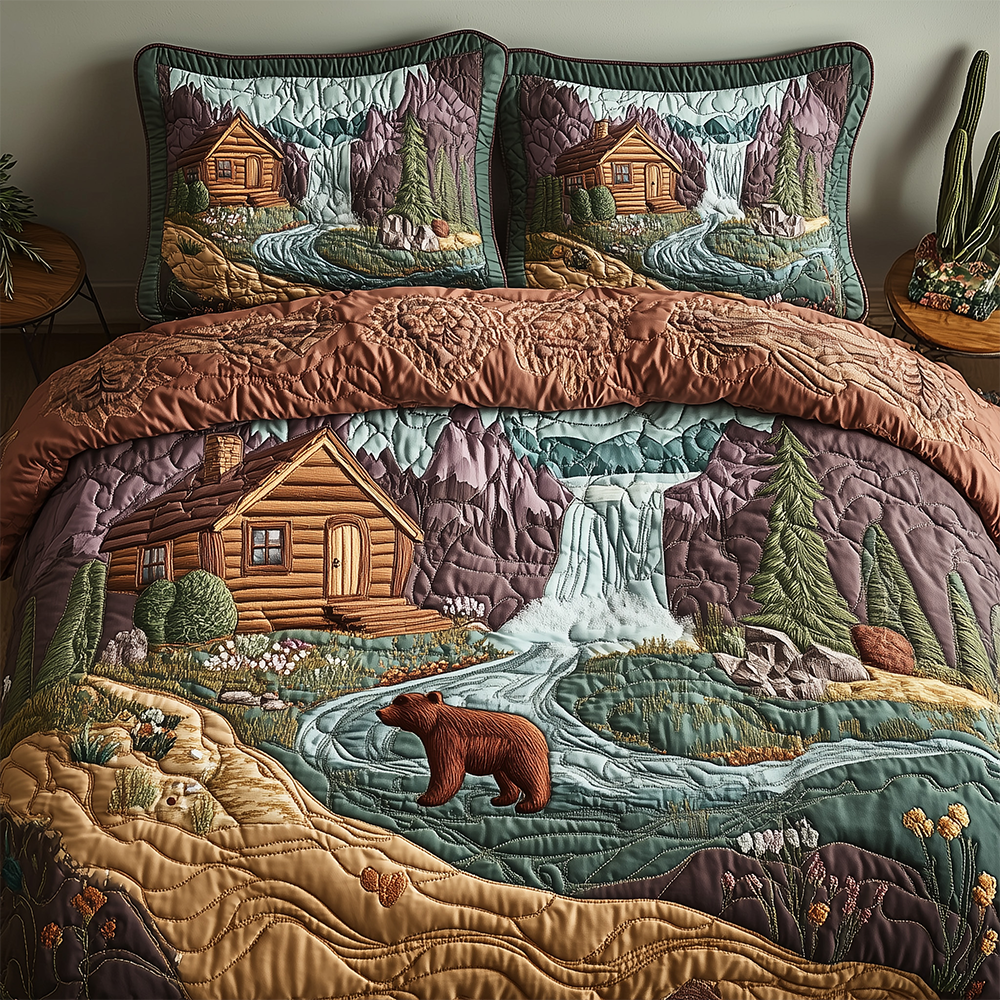 Bear and Cabin 3-Piece Quilted Bedding Set GFTOTL2390