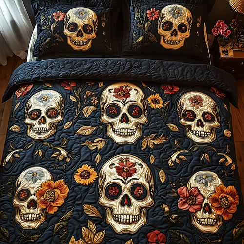 Dark Skull Bouquet 3-Piece Quilted Bedding Set GFTOTP3236