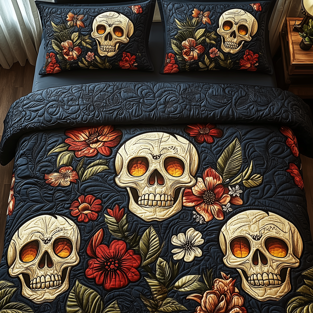 Dark Skull Bouquet 3-Piece Quilted Bedding Set GFTOTP3237