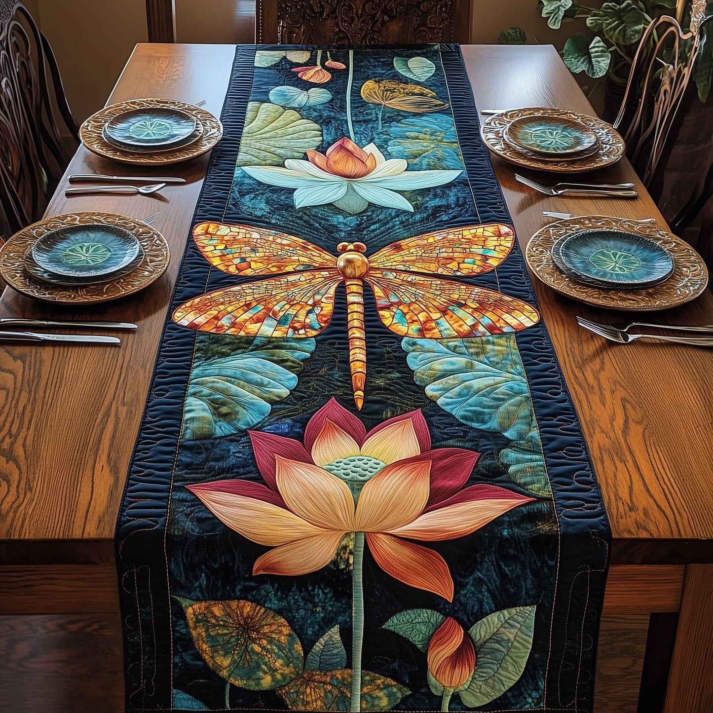 Dragonfly Lotus Elegance Quilted Table Runner GFTOTP3639