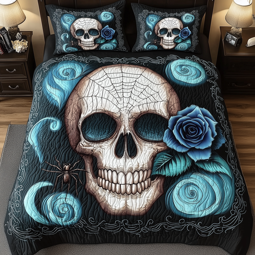 Blue Rose Skull 3-Piece Quilted Bedding Set GFTOTP531