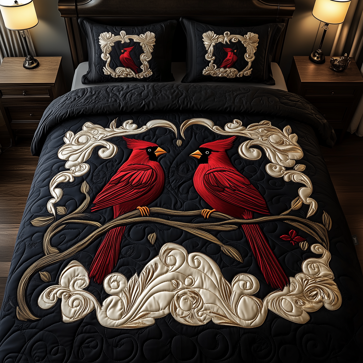 Red Cardinal Couple 3-Piece Quilted Bedding Set GFTOTP649