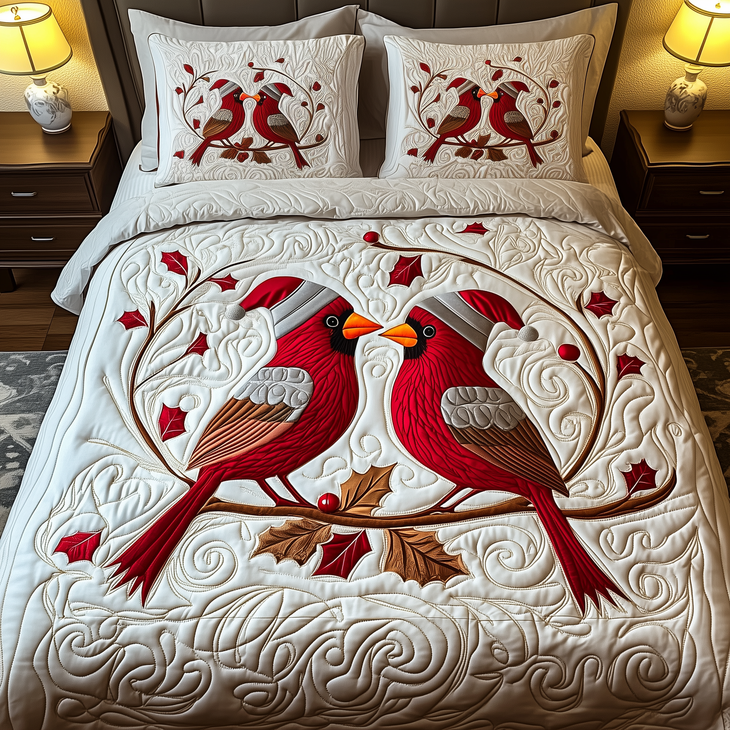 Red Cardinal Couple 3-Piece Quilted Bedding Set GFTOTP824