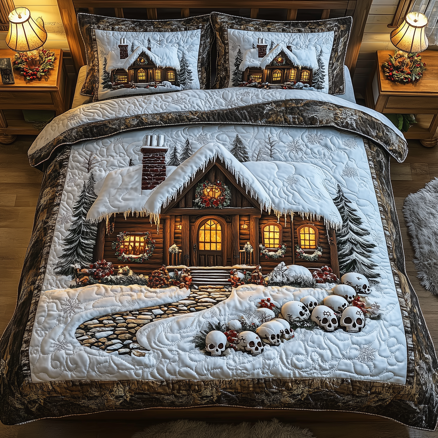 Skull Snow Cabin 3-Piece Quilted Bedding Set GFTOTP983